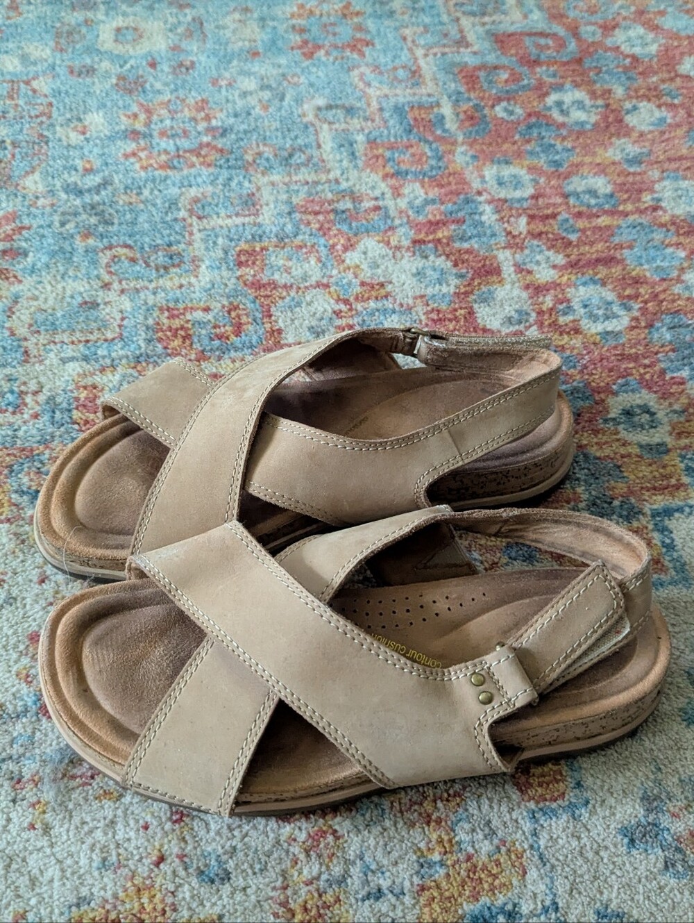 Clarks Yacht Cross Women's 8.5 M Tan Leather Cork Slingback Sandals Flat